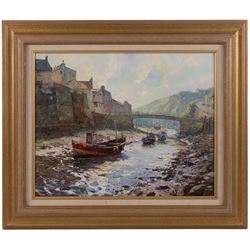 Barry Peckham (British 1945-): 'The Rising Tide - Staithes', oil on canvas board signed and dated 2002, titled verso 40cm x 50cm
