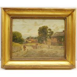 Attrib Henry Rollett (British exh.1886-1916): Village with Horse and Cart, oil on panel signed Rollett 30cm x 40cm