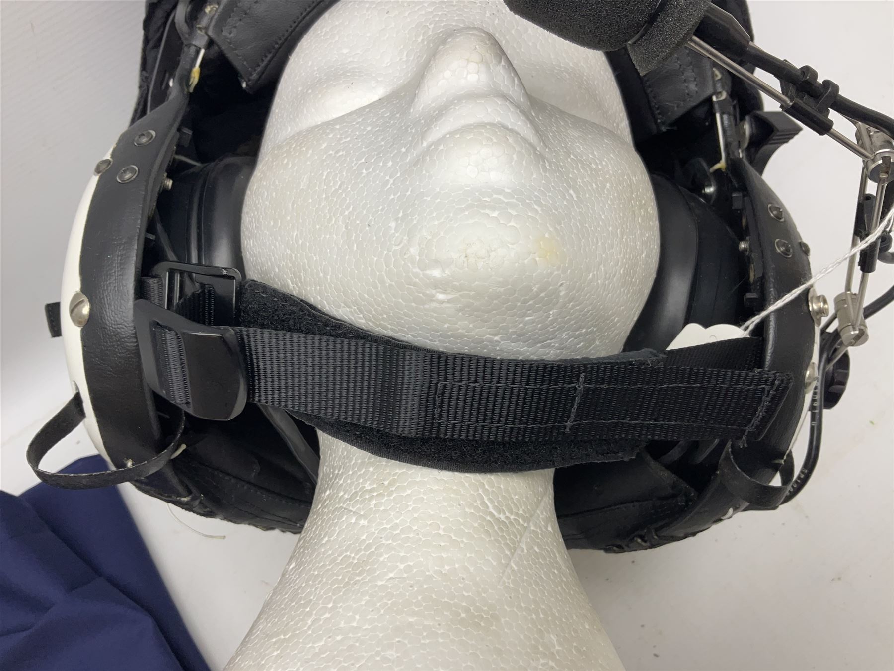 RAF Alpha MK 4 helicopter pilot's flying helmet, finished in white for civilian/rescue service use; reconditioned and avionics tested as working; black cloth cover to visor; fitted with boom microphone; medium size; in blue cloth carrying bag