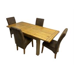 Contemporary oak extending dining table, rectangular top with canted corners on square supports, with two additional leaves (W133cm D93cm H78cm); and set four high back dining chairs, upholstered in brown faux suede (W46cm H103cm)