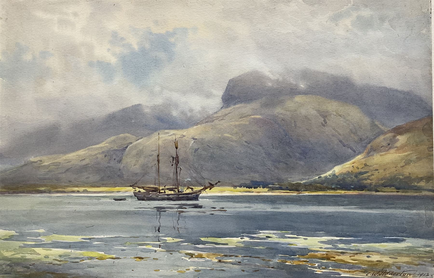 Charles William Adderton (British 1866-1944): 'Ben Nevis from Fort William', watercolour signed and dated 1912, titled verso 31cm x 47cm (unframed)
Provenance: direct from the family of the artist Harry Wanless 1872-1934, part of a collection never previously seen on the market
Notes: Adderton was a friend of the brothers Harry and Charles Wanless, all of whom studied under Albert Strange at the Scarborough School of Art School. Adderton had a studio at 55 Sandside, Scarborough between 1894 and 1901, he moved to Ockbrook Derby and later to Robin Hoods Bay where he was a member of the Fylingdales Group of Artists