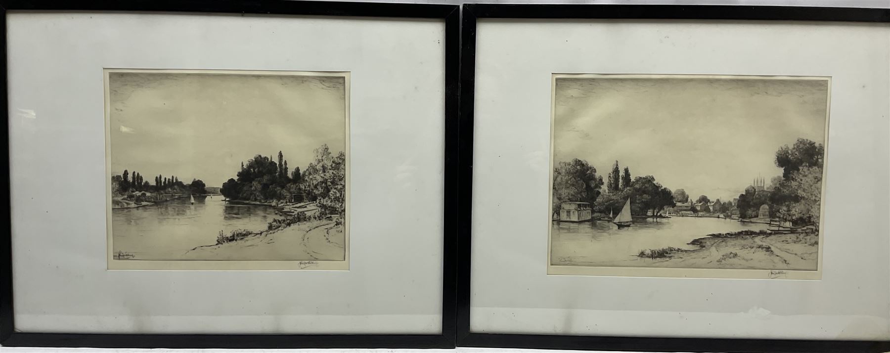 John Fullwood (British 1854-1931): 'Hampton on Thames' and 'Teddington Reach', pair Artist Proof drypoint etchings signed and limited to 300, 25cm x 36cm (2)