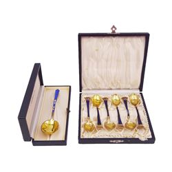 Set of six Danish silver-gilt blue enamel demitasse spoons with crown finials and together with an individually boxed example, all by Egon Lauridsen, stamped ELA Denmark Sterling 925S, both in fitted cases