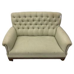 Early 20th century oak framed two seat sofa, upholstered in beige button back fabric