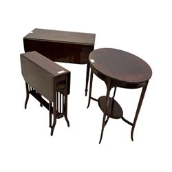 Early 20th century oval mahogany two tier occasional table (76cm x 51cm, H71cm); George III mahogany drop-leaf Pembroke table (48cm x 82cm, H71cm); Edwardian mahogany drop-leaf Sutherland table (W60cm)