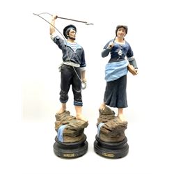 A pair of spelter painted figures, modelled as cod fisher and shrimp fisher, both on wooden bases, H68cm.
