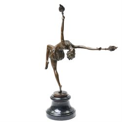Art Deco style bronze figure of a female dancing with flame torches, raised upon marble socle base, signed F. Paris, H43cm