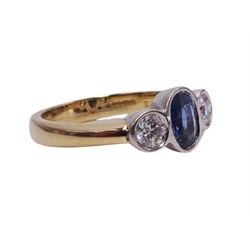 9ct gold three stone oval sapphire and round brilliant cut diamond ring, Birmingham 1998, total diamond weight approx 0.40 carat
