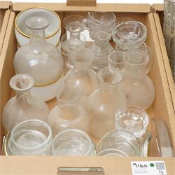 Five ribbed glass vases, glass carafes, pair of Dartington candlesticks and other glass