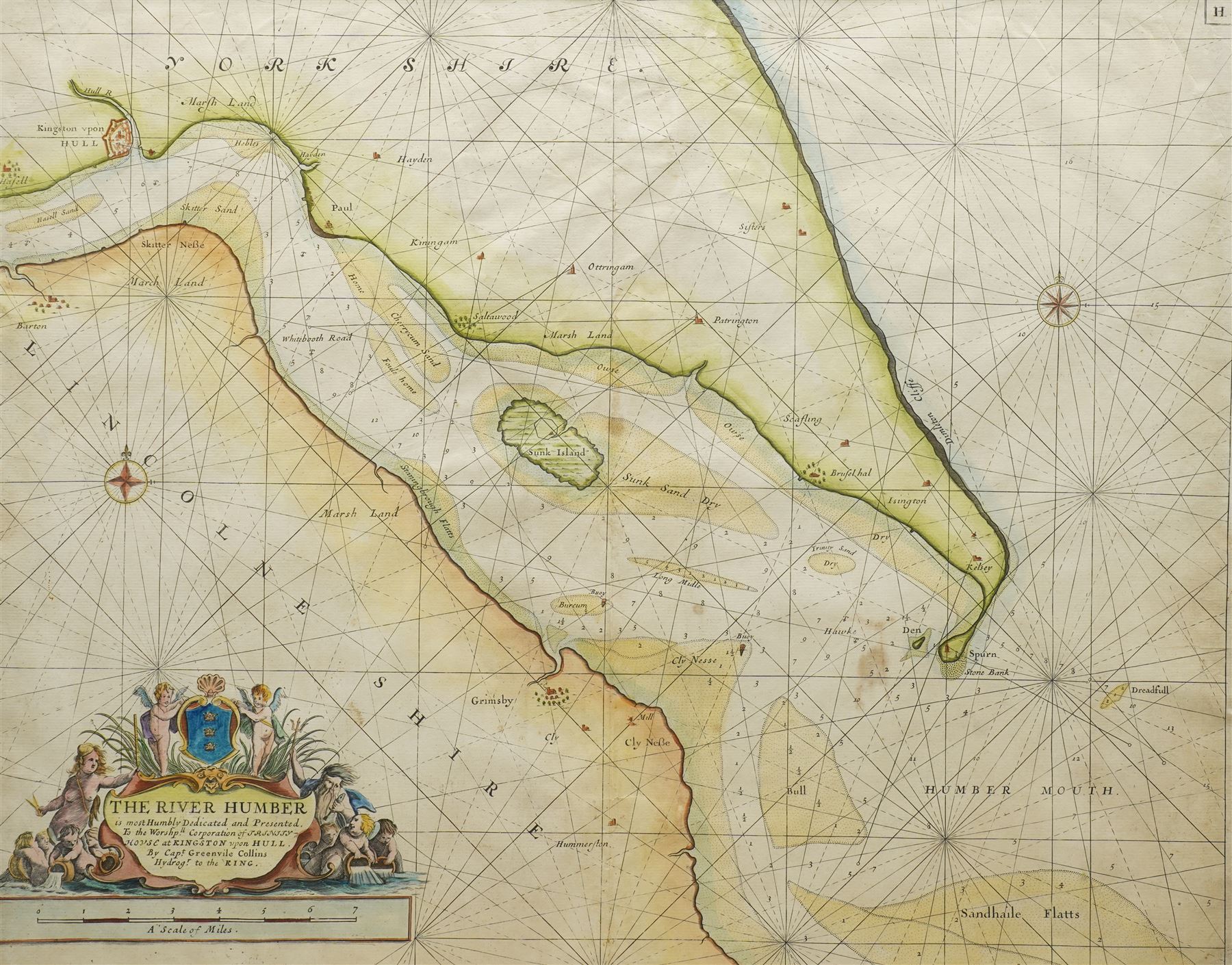Captain Greenville (Greenvile) Collins (British 1643-1694): 'The River Humber', late 17th century engraved map or sea chart with hand-colouring showing Hull and coasts of Yorkshire and Lincolnshire pub. c1693, 45cm x 56cm
Notes: Collins was a hydrographer and officer of the Royal Navy, commissioned by King Charles II in 1676 and appointed by Samuel Pepys to chart the coasts of Great Britain.