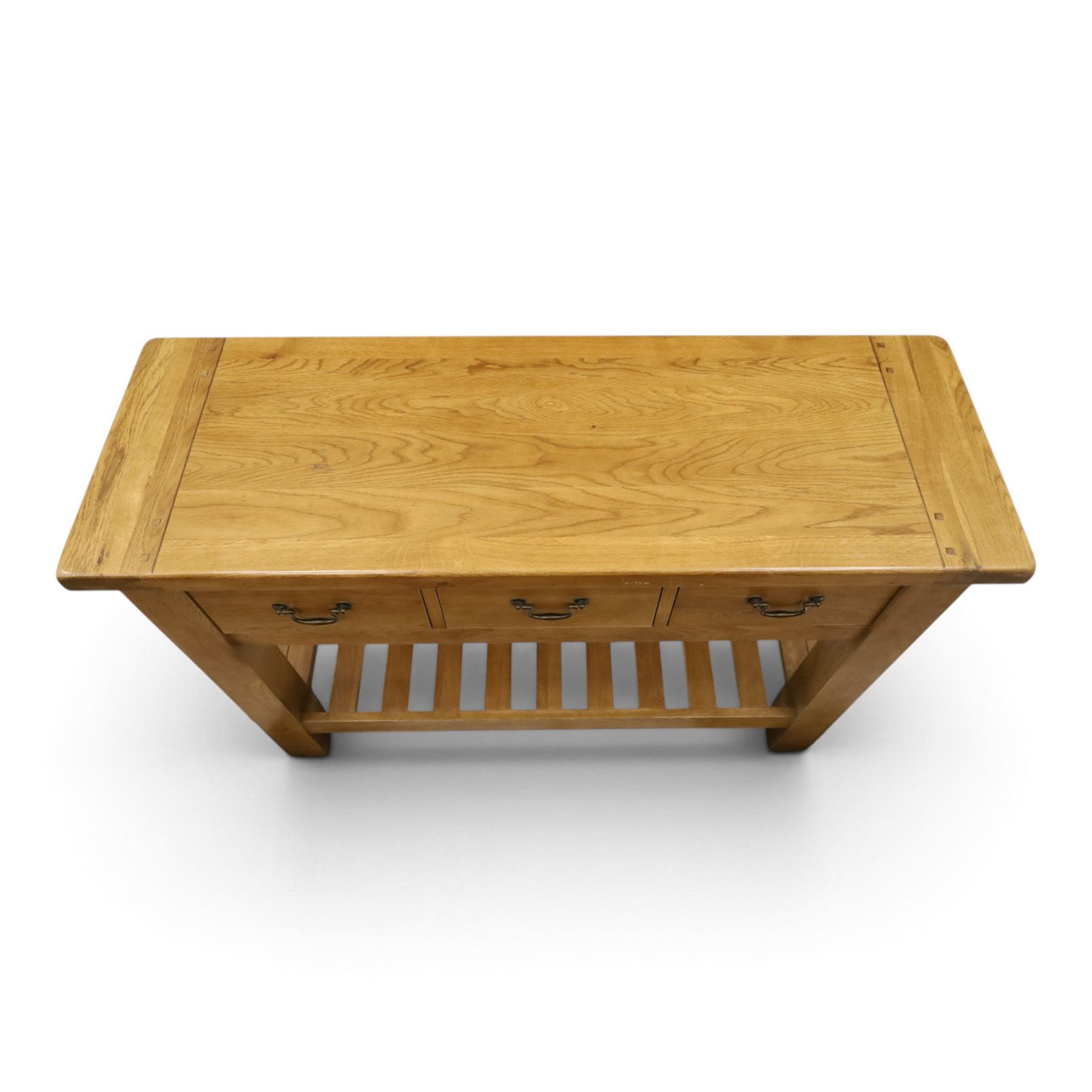 Contemporary golden ash and oak side table, rectangular top fitted with three drawers with swan-neck handles, on square supports united by slatted under-tier