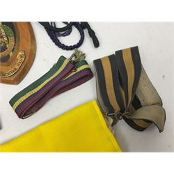 Miscellaneous militaria including two Royal Artillery and one Royal Horse Artillery stable belts; Northamptonshire Regiment trench art brass shell case lighter; unused Matchless Fire-Set; pocket knives and multi-tool; lanyards; oak shield with York & Lancaster crest etc