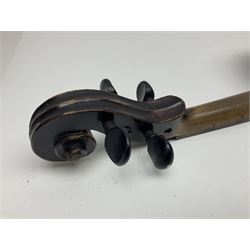 German violin c1890 with 36cm two-piece maple back and ribs and spruce top; bears label 'Antonius Stradivarius Cremona Faciebat Anno 1729' L59.5cm overall; in ebonised wooden 'coffin' case; and two German violins c1890 for completion - one bearing a Stradivarius label, the other a Ruggeri label; both in carrying cases (3)