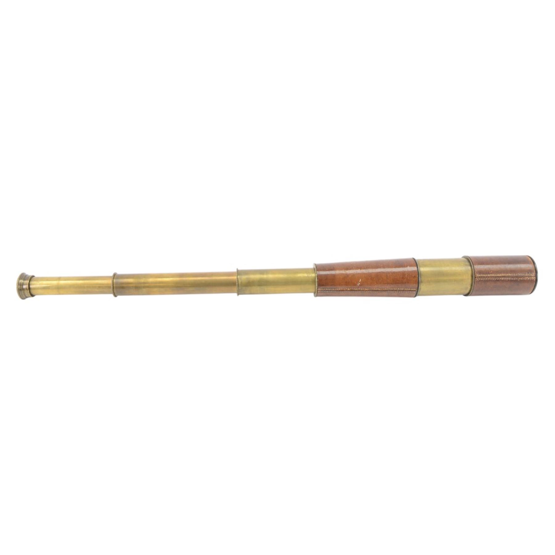 Early 20th century military issue three drawer brass telescope no. 34419 by R&J Beck Ltd London, incrisbed Tel. Sig Mk IV Also G.S, with tan leather clad body and caps, full length L92cm