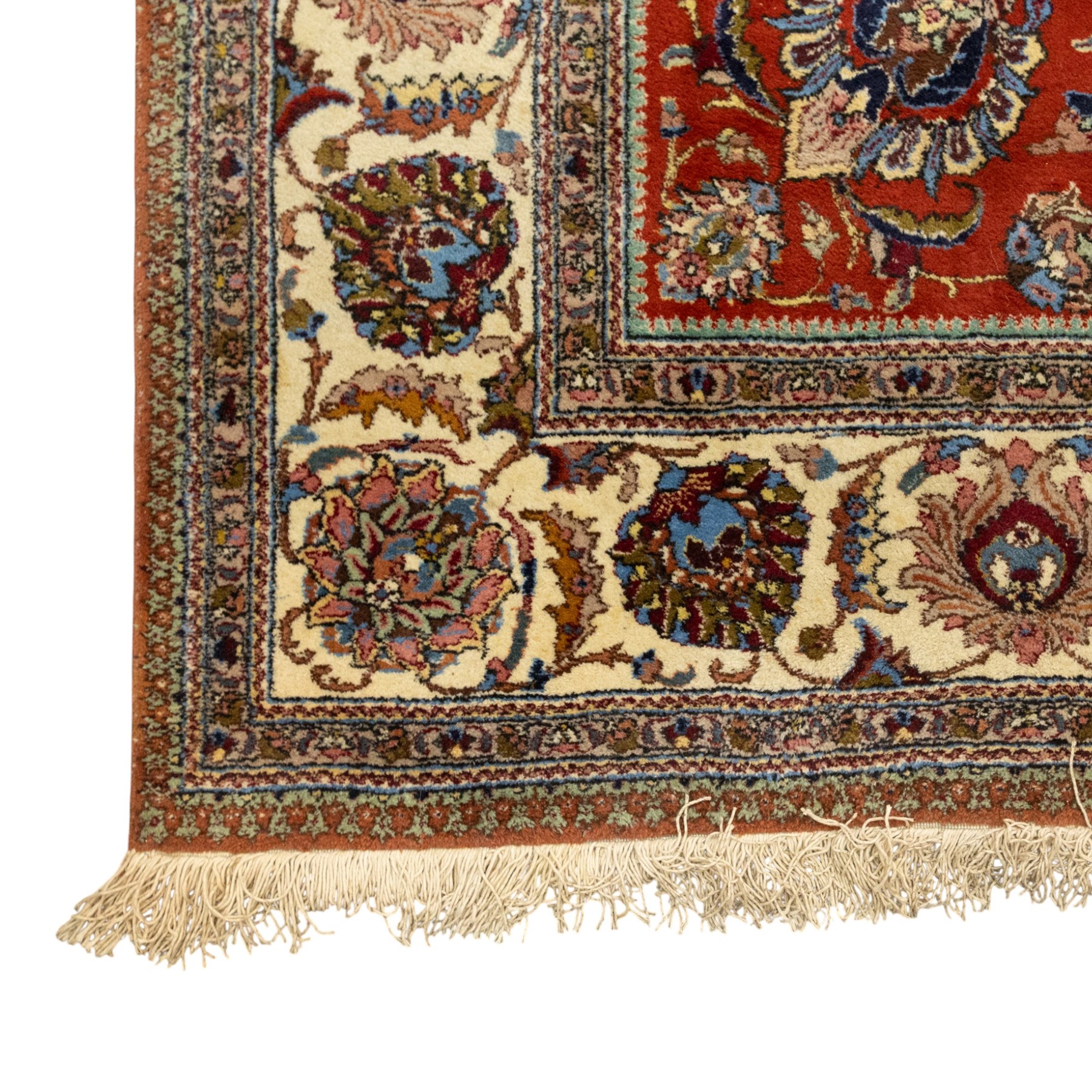 Persian Tabriz hand-knotted carpet, crimson field densely decorated with scrolling floral and foliate motifs, enclosed by a broad cream principal border with repeating floral medallions and multiple guard stripes