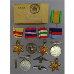  WW2 Medal group of five comprising: Defence and Victory, Italy, Africa with 1st Army Clasp & 1939-45 Stars all with Ribbons in OHMS box to Mr S Garforth, RAF and Royal Artillery enamel Sweetheart brooches and a German Shooting badge dated 1943, (qty)  