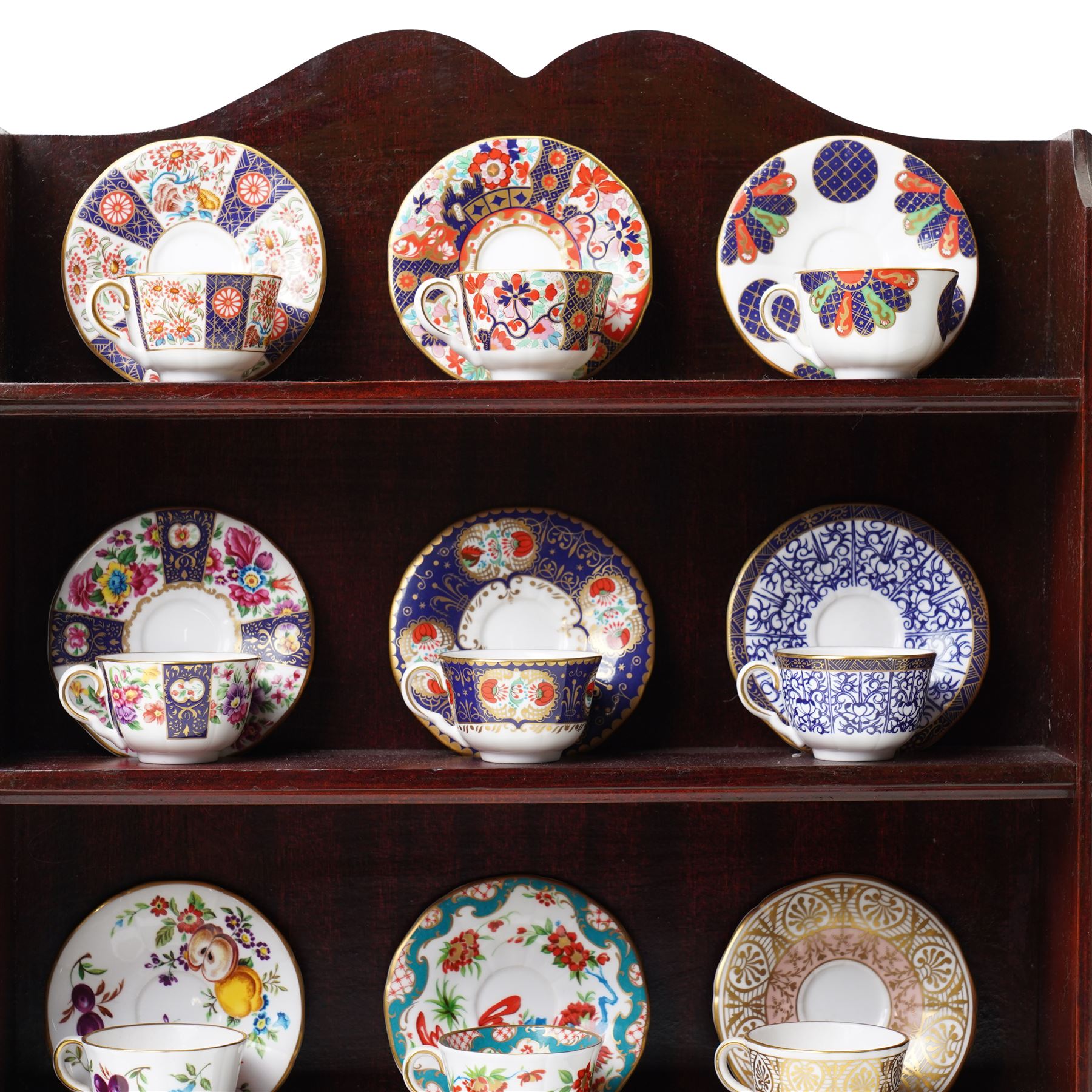 Royal Worcester miniature cups & saucers collection, 1993,  various patterns on display shelf, with certificates, shelf H49cm