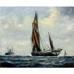 Jack Rigg (British 1927-): 'Kitty' - A Thames Barge, oil on canvas board signed and dated 1976, titled verso 49cm x 59cm