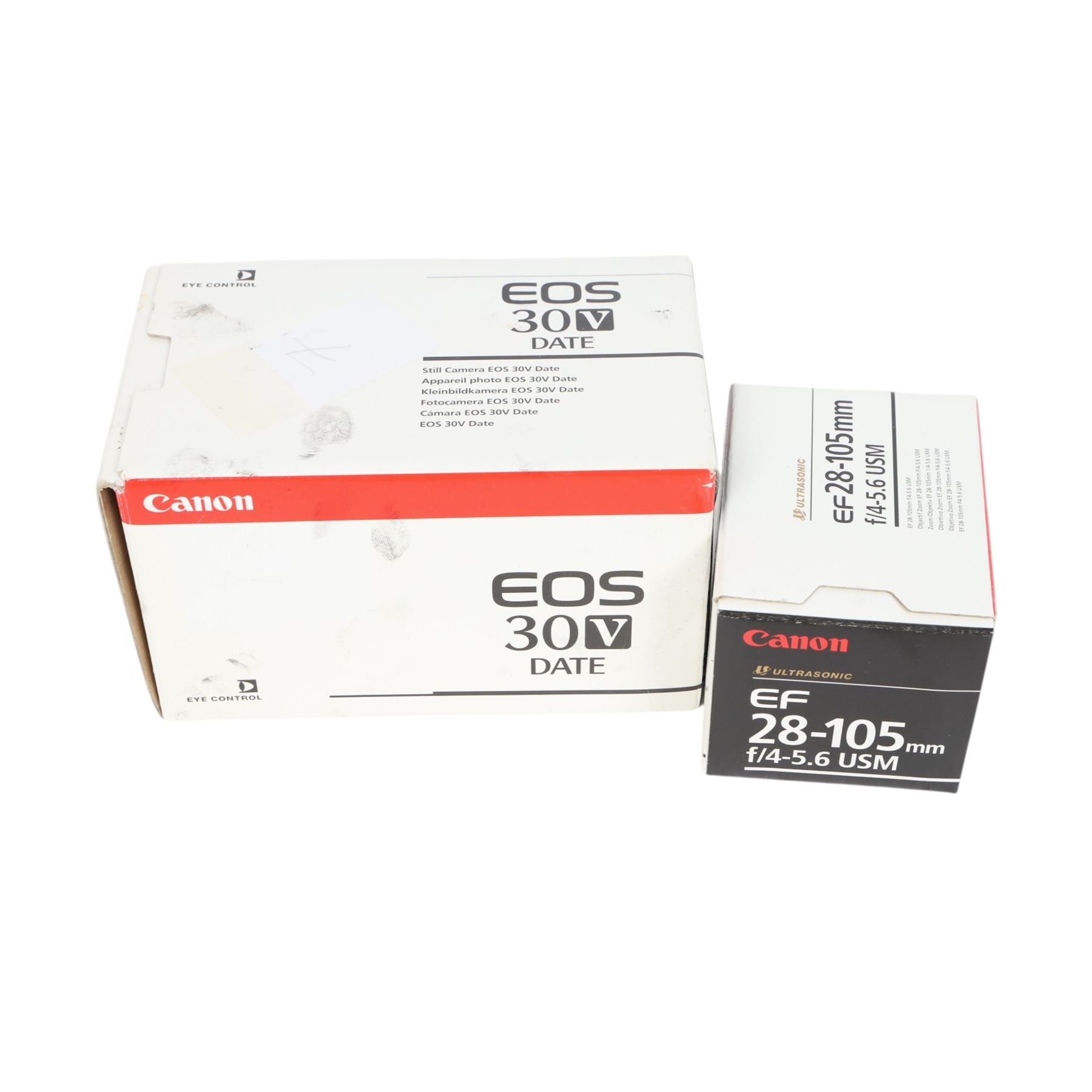 Canon EOS 30V Date 35mm film SLR camera body, serial no. 2189001422, with a Canon Ultrasonic EF 28-105mm f/4-5.6 USM lens, both boxed