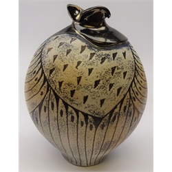  Studio pottery vase, Organic style with Sgraffito type decoration and metallic glazed neck, signed Millet?, H22cm   