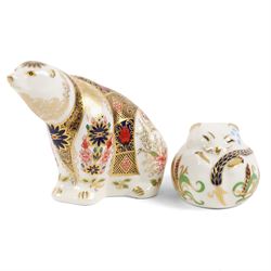 Two Royal Crown Derby paperweights comprising Imari Polar Bear with gold stopper and Sleep...
