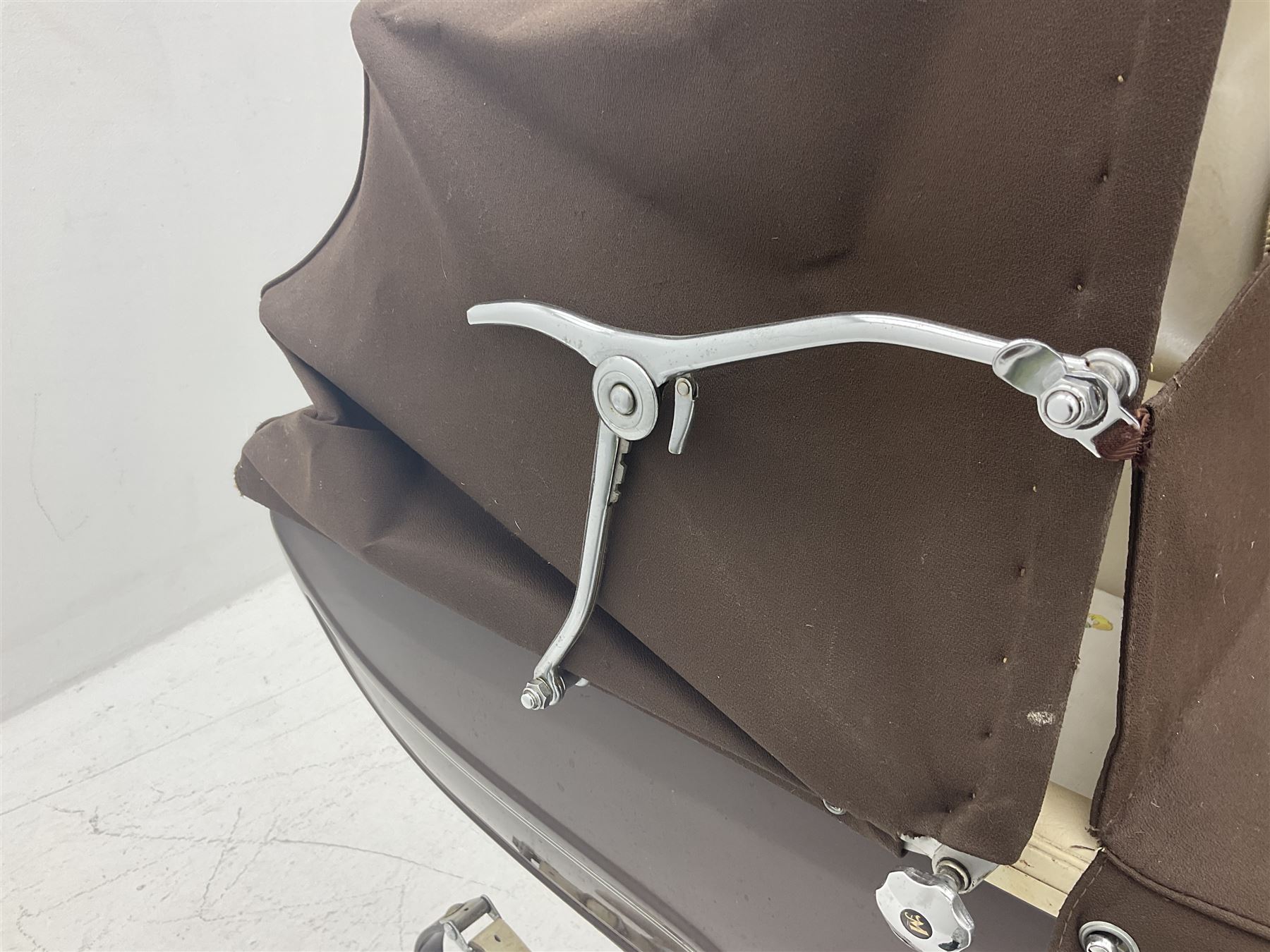 Marmet coach built 1964 pram, with detachable body, brown coachwork and hood, L118cm, H113cm