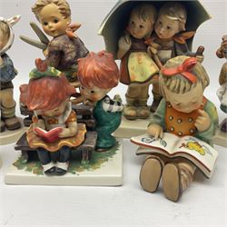 Sixteen Goebel Hummel figures, including Charlot A Young Man's Fancy, Stormy Weather and Bookworm, all with impressed and printed marks beneath