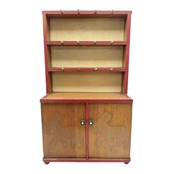 Miniature pitch pine Welsh dresser with open plate rack over two cupboard doors, displayed with Ridgways Humphrey's Clock pattern and other doll's blue/white tea ware, copper kettles and pan etc W41cm H72cm