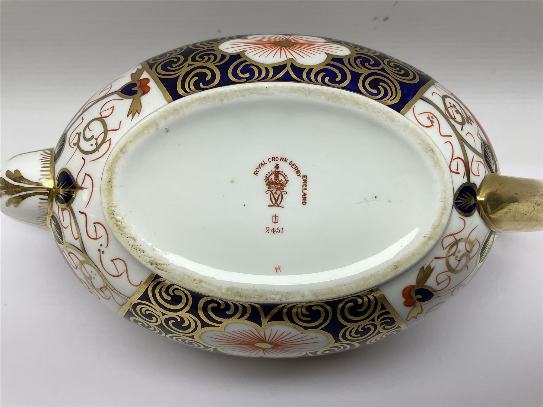 Royal Crown Derby 2451 Imari pattern three piece tea set, comprising teapot, covered sucrier and milk jug, teapot H12cm 