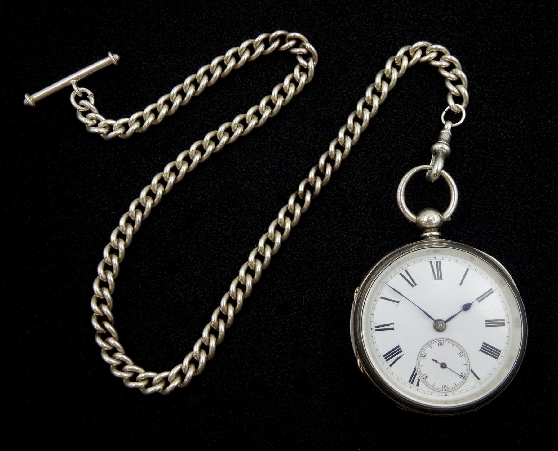Victorian silver open face fusee lever pocket watch by Adam Burdess, Coventry, No. 11084, white enamel dial with Roman numerals and subsidereary seconds dial, case makers mark IH (possibly John Harris), London 1877, on later silver Albert chain with clip