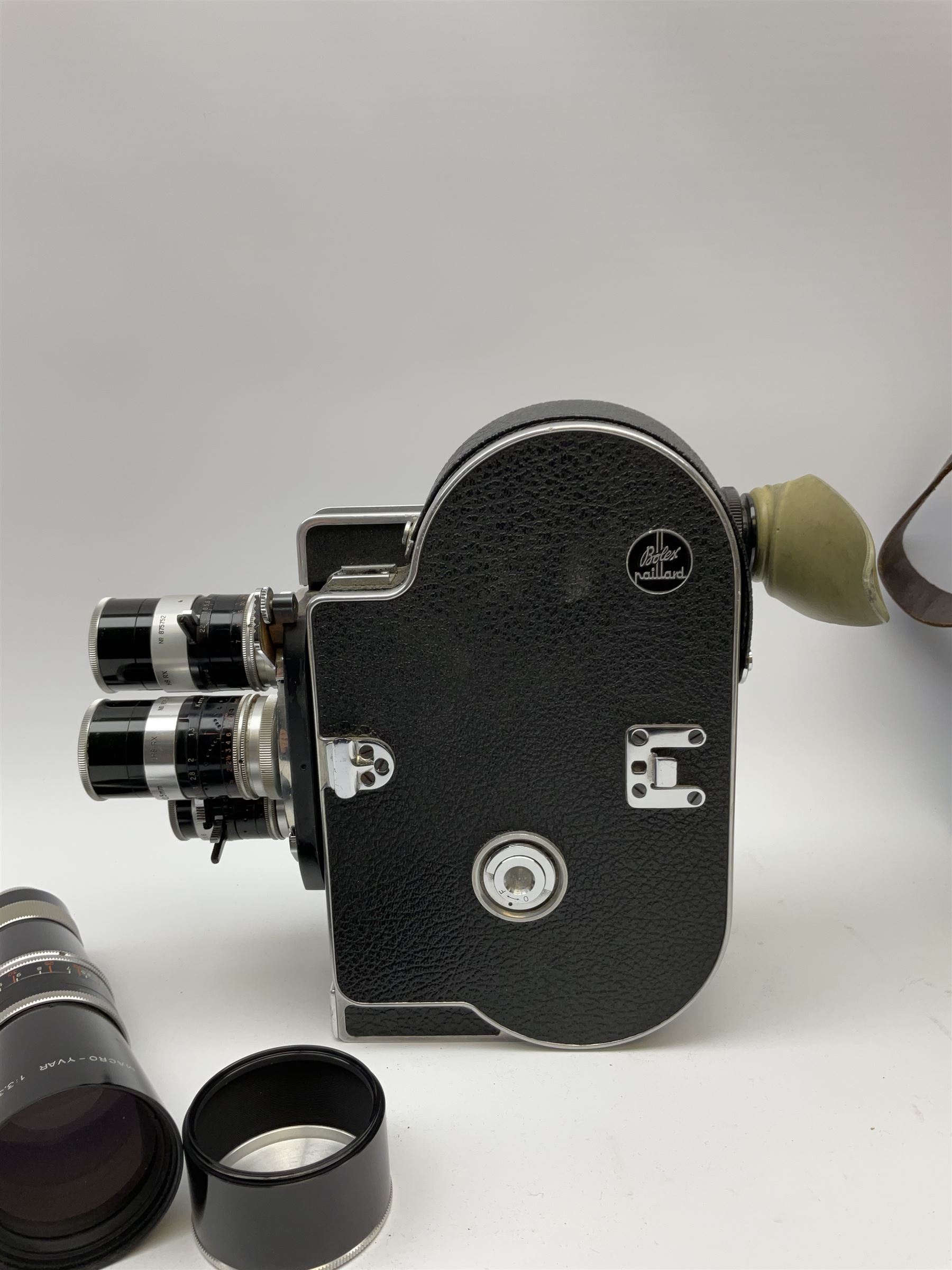 Bolex H8 Reflex 8mm cine camera with handgrip and turret for interchangeable lenses, KERN macro-switar 1:1,4 f=36mm H8 RX lens, KERN macro-switar 1:1,3 f=12,5mm H8 RX lens, KERN macro-switar 1:1,6 f=5,5mm H8 RX lens, KERN MACRO-YVAR 1:3,3 f=150mm lens 