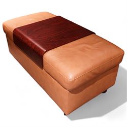 Stressless - 'Arion' four seat recliner cinema sofa, fitted with rests and drink holders, (W300cm, H101cm, D107cm), upholstered in tan leather, with matching rectangular ottoman (118cm x 60cm, H50cm)