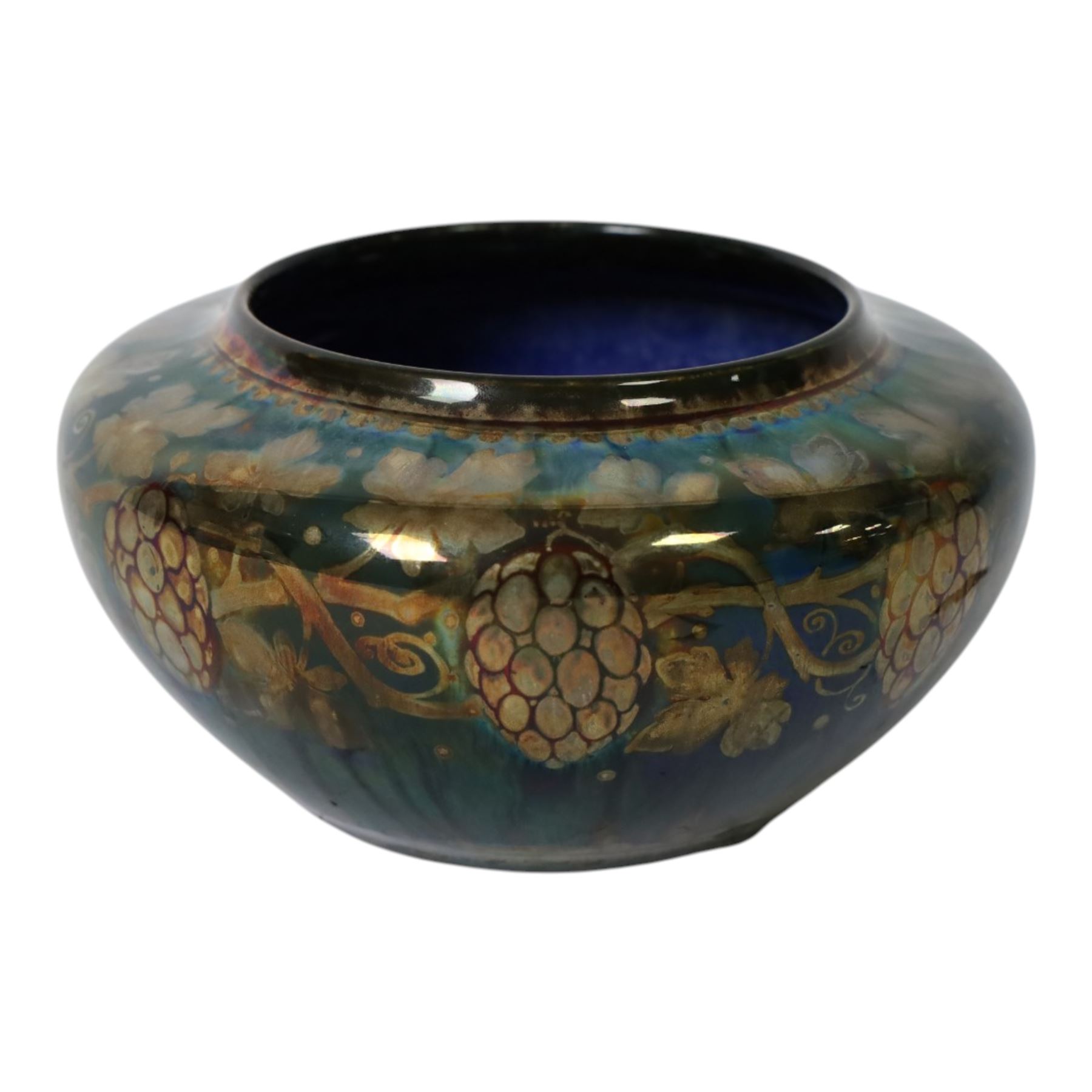 Richard Joyce for Pilkington, Royal Lancastrian lustre vase, of squat form, decorated with grapes and vine leaves, with impressed marks beneath, H9cm