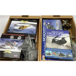 Two Corgi Aviation Archive 1:72 scale die-cast models of Westland Sea King HAR.3 helicopter and Hawker Hart K2986, both boxed; Oxford De Haviland D.H.89 Dragon Rapide, boxed with slip case; nine unboxed models of aircraft predominantly with stands; Revell 1:32 scale model kit for De Haviland Mosquito Mk.IV, boxed; framed print of a Harrier Jump Jet; and book on Military helicopters