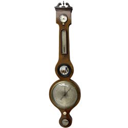 Late 19th century mahogany five glass mercury barometer, with a swans neck pediment, brass finial and a round base, eight inch silvered register, brass recording hand and steel indicating hand, silvered hygrometer, spirit thermometer butlers mirror and level bubble, mercury filled syphon tube intact with pulleys and floats. With a replacement recording button.