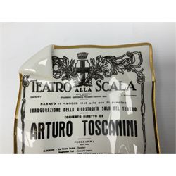 Fornasetti rectangular 'Toscanni's Concert' poster ashtray decorated with black and white text with a gilt border edge, with printed mark beneath, H22cm 
