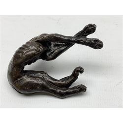 Collection of four bronze animal miniature figures, comprising two greyhounds modelled in recumbent position and sitting, and two elephants modelled in striding pose, tallest H7cm
