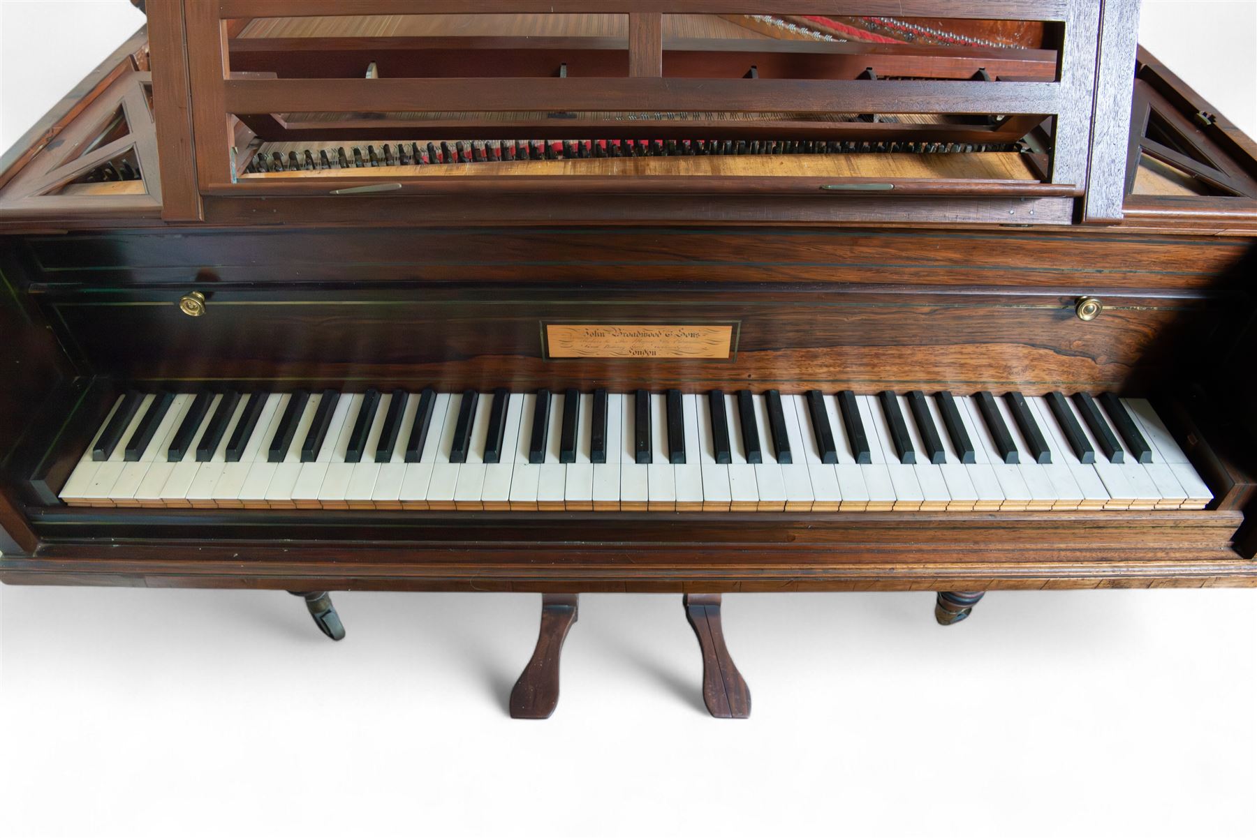 Early 19th century Grand Piano by John Broadwood & Son, London serial No 7695, 1820.
Early straight strung Regency Grand Piano, part re-furbished and re-strung, soundboard with some small cracks, bridges good, action and damping responsive but requirering adjustment in places, English grand action with a six octave keyboard, with 73 keys C1-C7, with Ivory naturals and ebony sharps, Lyre with sustain and una-chorda pedals, satinwood case with ebony inlay and crossbanding, adjustable open lattice music desk, raised on four turned legs with castors. In 1818 two years before this piano was manufactured, a similar piano of this design was presented to Beethoven by Thomas Broadwood.

 You can find and listen to examples of Alan Cuckston playing this particular Broadwood Grand in the links below:

Piano Sonata in F Sharp Minor Op.49 - 'Sonate Mélancolique' by Ignaz Moscheles
Piano Sonata in E Flat Major Op.1 No.1 by John Field


Given the intricate nature of these historic instruments, specialist support will be available if required, to assist successful buyers with safe removal and onward handling. Price upon application.


This item has been registered for sale under section 10 of the APHA Ivory Act Reference LD2EPXNB