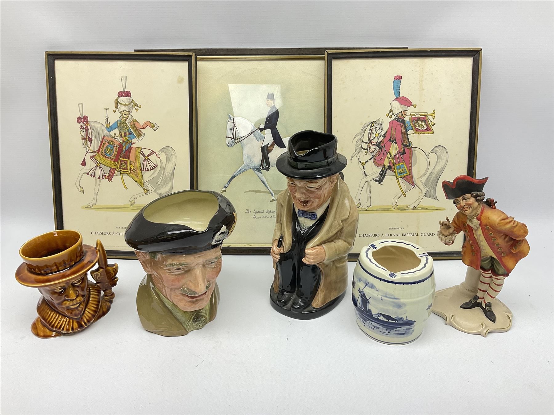 Royal Doulton Winston Churchill toby jug, 8360, together with Royal Doulton Field Marshal Montgomery character jug D6202, Beefeater character jug, other ceramics and three prints