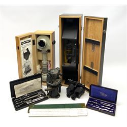 WW2 American Fairchild F-71 binocular magnifying telescope, in green painted wooden carrying box with instruction leaflet L48cm; WW2 Air Ministry Astro Compass Mk.II Ref. 6A/1174(0); Zenith Projection & Camera Lucida Attachment RA-6, boxed with instructions and 1977 purchase invoice; two cased sets of drawing instruments; and a boxed Faber slide rule (6)