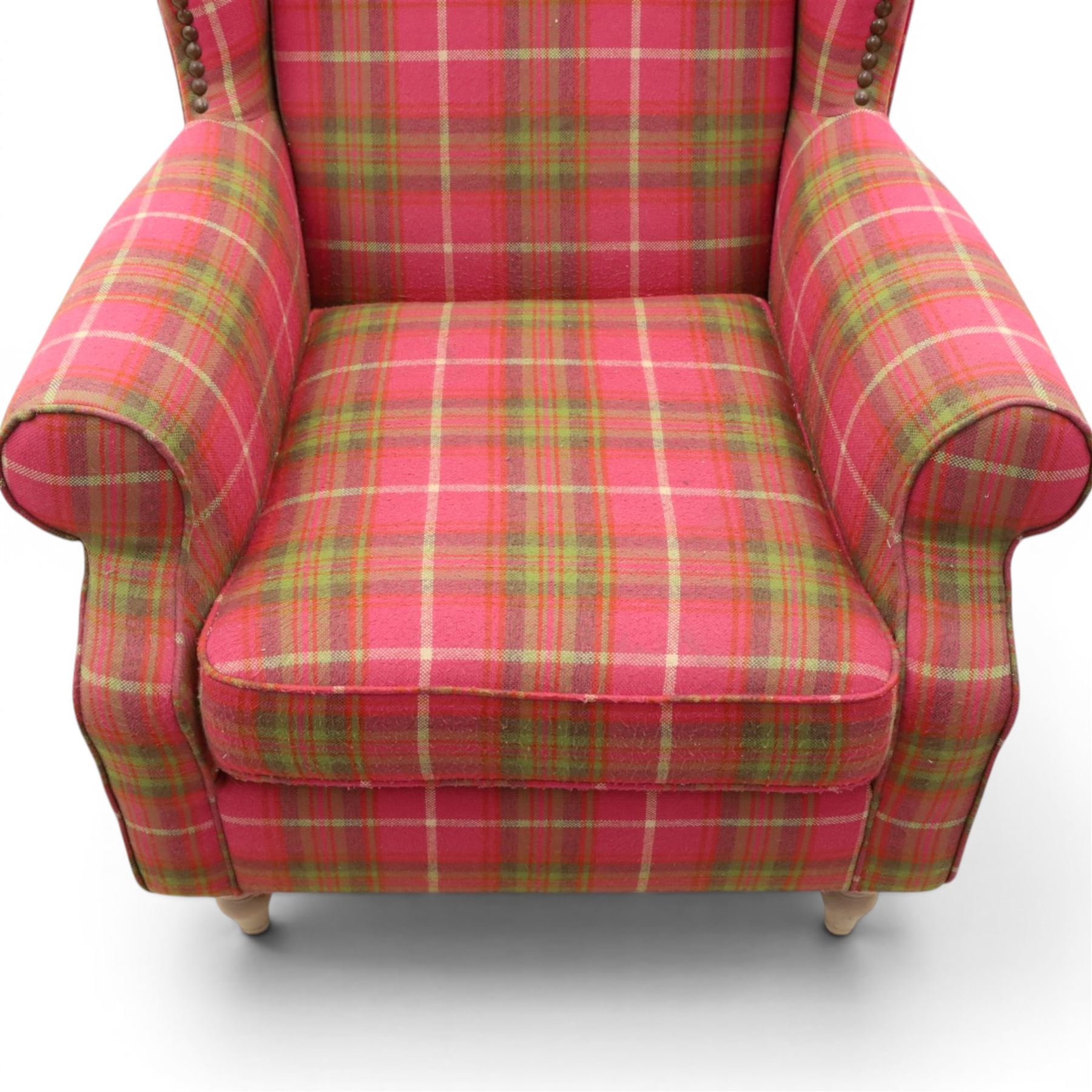 Next Home - Contemporary tartan wingback, studded wings above scrolled arms, light stained turned feet