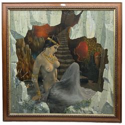 Michael Jain after Igor Samschova (20th century): Bejewelled Female Nude in Mythical Cave setting, oil on canvas signed 76cm x 76cm
