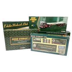 Corgi Eddie Stobart - limited edition CC12610 Scammell Crusader 3 Axle Low loader, CC12502 Atkinson Borderer Flatbed Trailer and AA30008 Douglas DC-3 Aircraft; TY99158 5-Piece Superhauler Set; and M6 Motorway Set; all boxed (5)