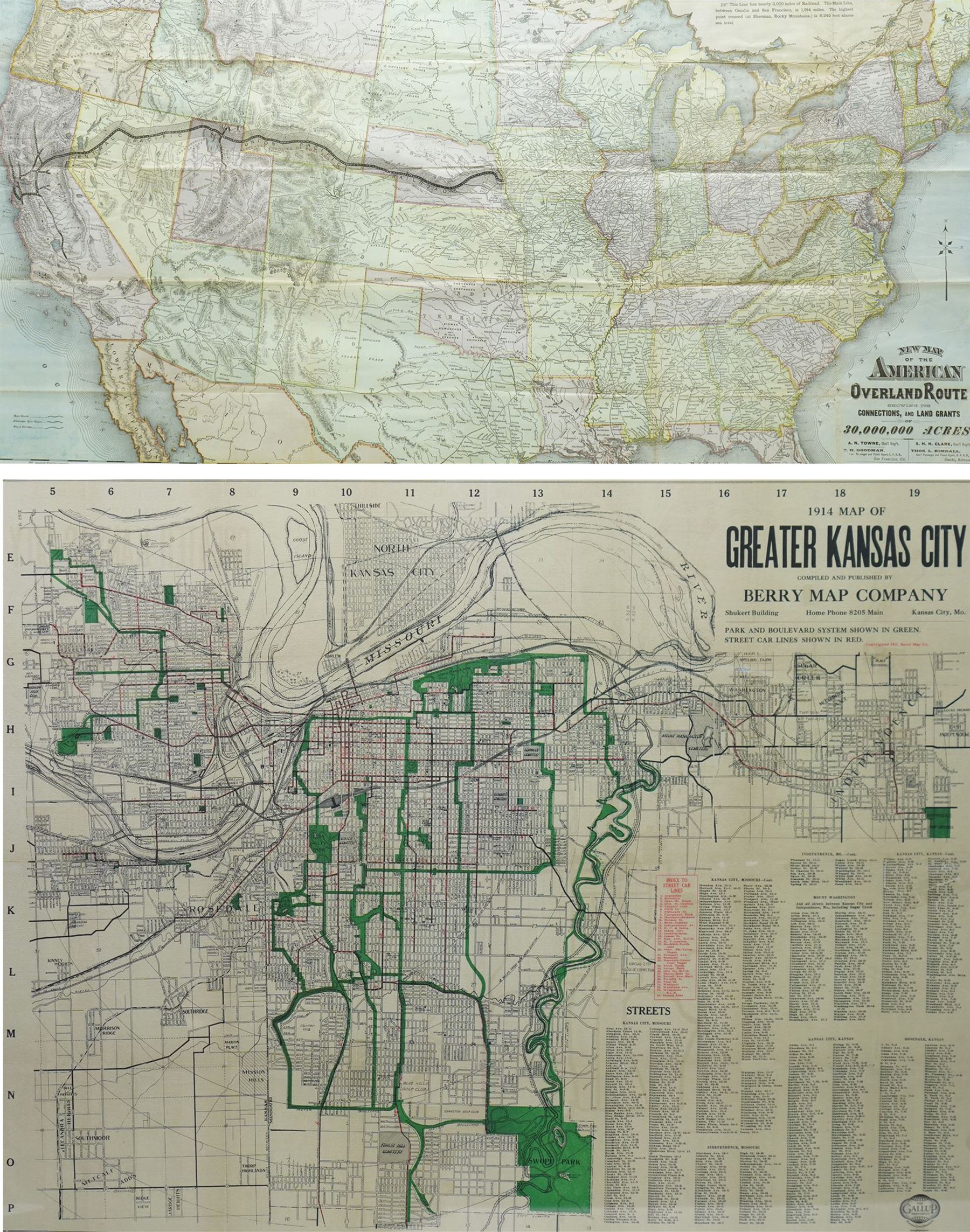 Rand McNally & Co (American 1856-?): 'New Map of the American Overland showing its Connections and Land Grants of 30,000,000 Acres', 19th century engraved map with hand-colouring map pub. 1875, 49cm x 96cm; Berry Map Company (American Early 20th century): '1914 Map of Greater Kansas City', later colour print map originally pub.1914, 64cm x 83cm (2)