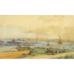  Figures Along the Shoreline, watercolour signed by Charles E Cox (British 1879-1901) 27cm x 46.5cm  