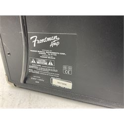 Fender style sunburst electric guitar with manuscript mark 'Zenta Stratocaster 1963' L97cm; in hard carrying case; another similar unmarked sunburst electric guitar; in gig bag; and Fender Frontman Amplifier, serial no.M473406 (3)