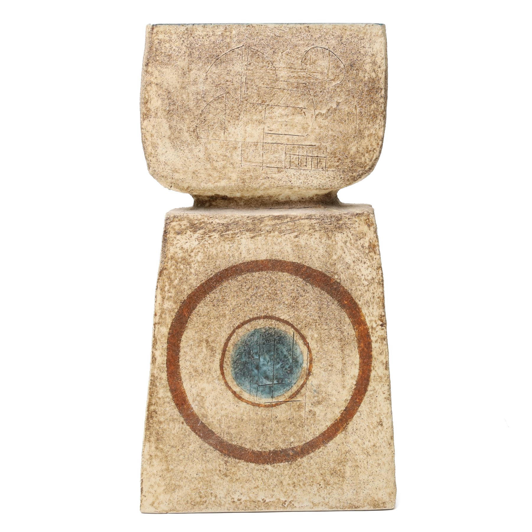 Sylvia Vallance for Troika - large c1970s Double Bass vase, of rectangular and rounded section, decorated to opposing faces with raised, impressed and incised geometric motifs in typical colours, painted 'Troika - St Ives' mark and artists monogram to base, H35.5cm