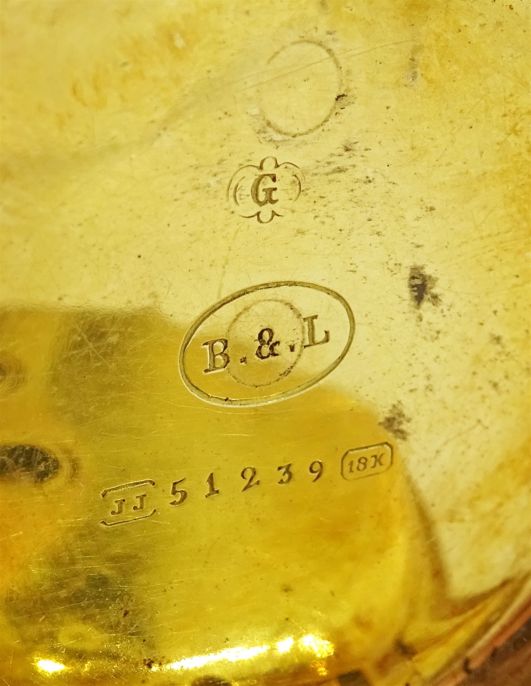 19th century 18ct gold open face key wound cylinder pocket watch by Baume, Geneve, gilt dial with Roman numeral hour markers, back case with engraved foliate decoration, stamped 18K