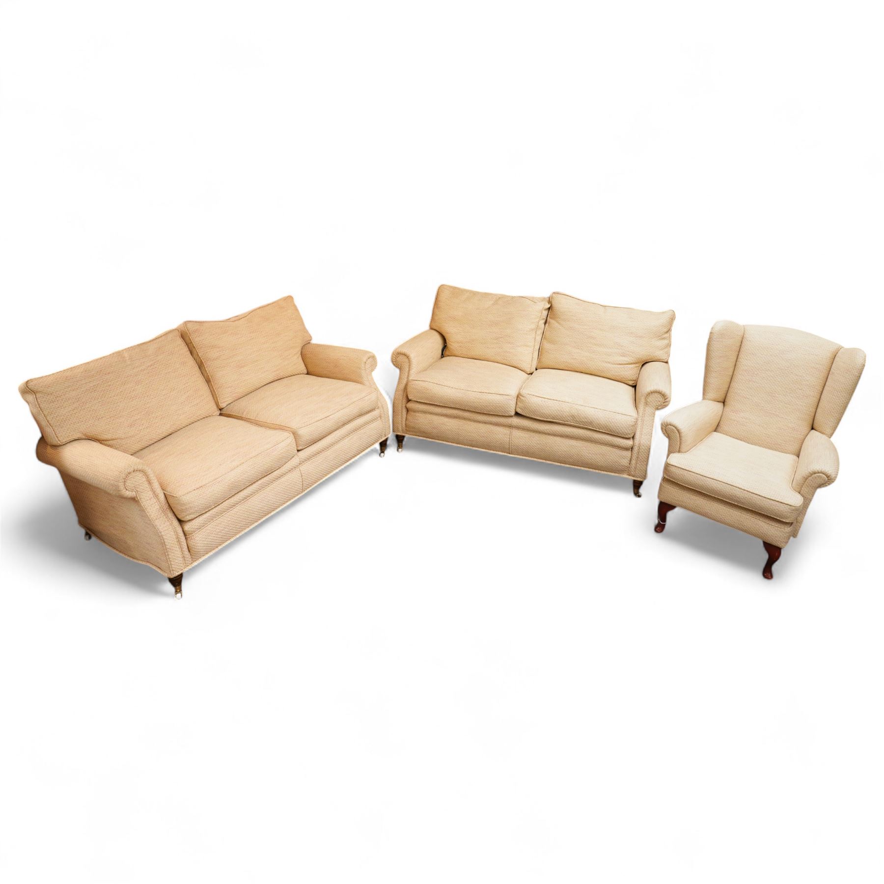 Whitehead designs - lounge suite comprising two ‘Langdon’ sofas and one ‘Oakham’ armchair upholstered in beige fabric (H102cm, W80cm, D63cm)