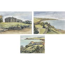 Jane Pearson (Yorkshire 20th century): 'Raven Hall' at Ravenscar, pair watercolour and inks signed and titled 29cm x 40cm; 'Robin Hood's Bay', hand-finished print, 27cm x 37cm (3)